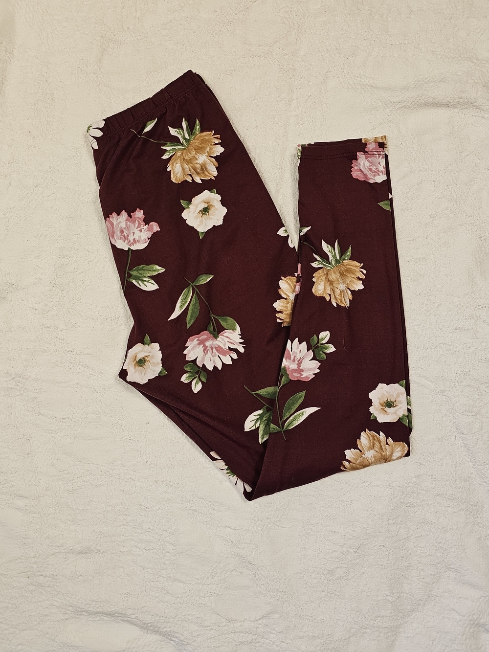 Agnes & Dora Floral Leggings L Burgundy Rose Buttery Soft Stretch